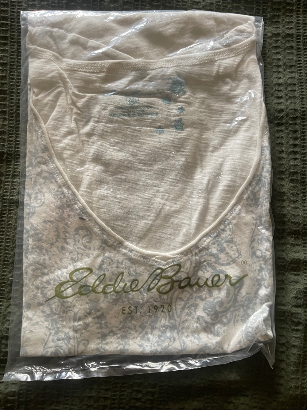 Eddie Bauer Cream Scoop Neck Tee with Light Blue Paisley and Olive Logo